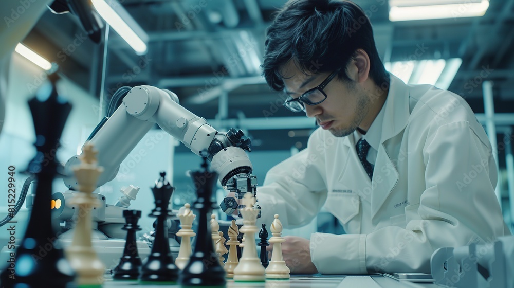 Poster professional japanese development engineer is testing an artificial intelligence interface by playin