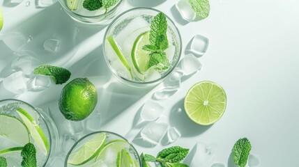 A refreshing beverage made of water, limes, and mint leaves in a glass on the table, perfect for a hot day AIG50