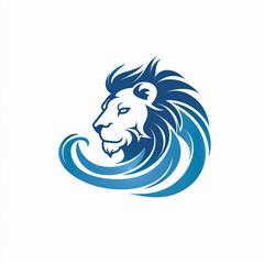 Logo design, a lion head combined with wave elements to form the shape of the logo, in a simple and minimalist 