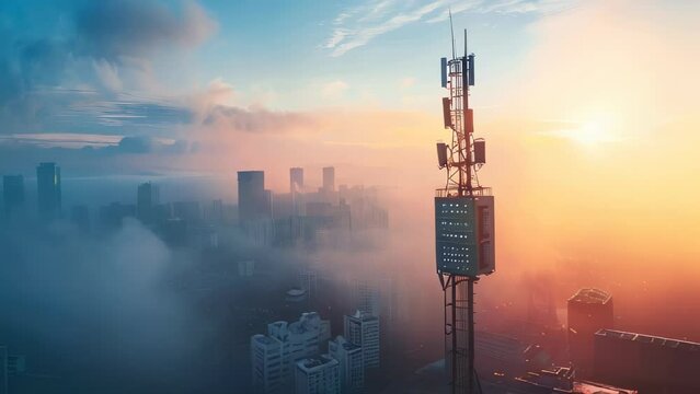 Cellular tower against backdrop of foggy cityscape at sunrise
