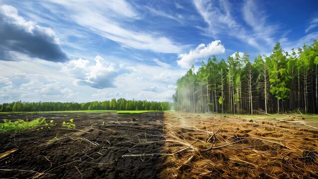 Deforestation with stark contrast between clearcut land and remaining forest