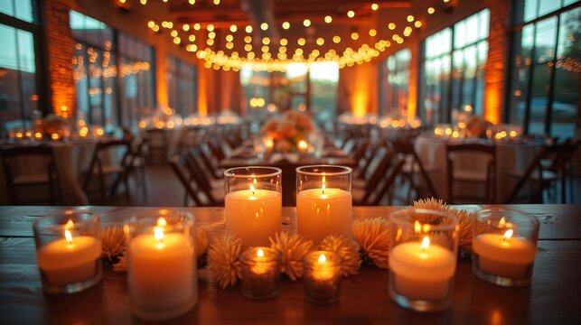 minimalist event decor, lit candles in chic holders create a cozy atmosphere at the modern loft wedding, adding a touch of warmth to the proceedings