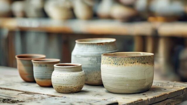 Assorted ceramic pots on wooden table with blurred pottery workshop background