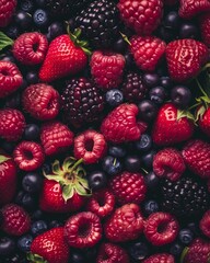 Fototapeta premium Pattern of fresh juicy raspberry, blackberry, blueberry, and strawberry berries, food photography