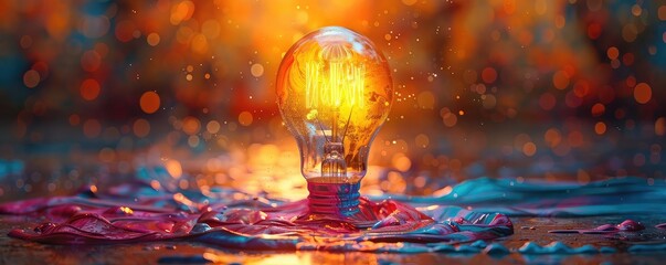 Artists studio with paints flowing into a light bulb, blending art and ideas, warm lighting, closeup