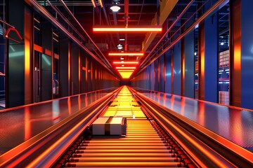 Obraz premium A conveyor belt transporting goods in a warehouse setting