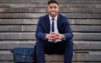 Happy, businessman and portrait on steps in city for travel, commute and bag for work with pride....