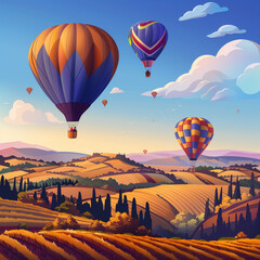 2D Illustration Hot Air Balloons Floating Over Scenic Landscape: Whimsical and Serene Scene