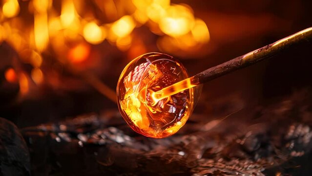Molten glass at end of blowpipe being shaped in fiery workshop environment