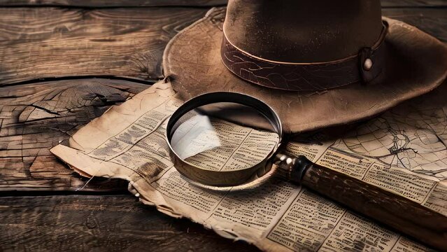 Vintage hat and magnifying glass on map, suggesting exploration or detective work