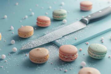 Vibrant macarons scattered with sugar, showcasing culinary delight and festive mood.
