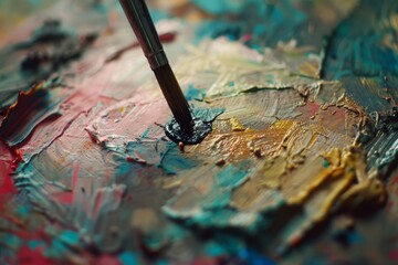 Intimate capture of a paintbrush on a vibrant palette, evoking creativity and artistry.

