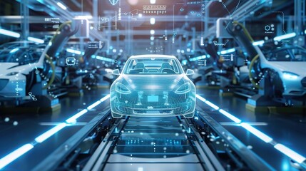 Car Factory Digitalization: Automated Robot Arm Assembly Line Manufacturing High-Tech Sustainable Electric Vehicles