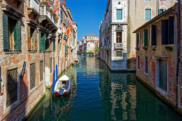 Grand Canal, Venice with View of the river and city historical architecture. with gondolas in Venice, Italy. in winter time.