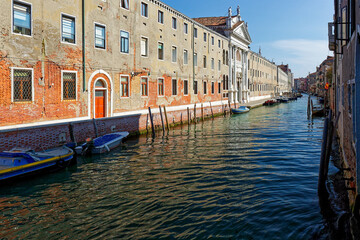 Grand Canal, Venice with View of the river and city historical architecture. with gondolas in Venice, Italy. in winter time.