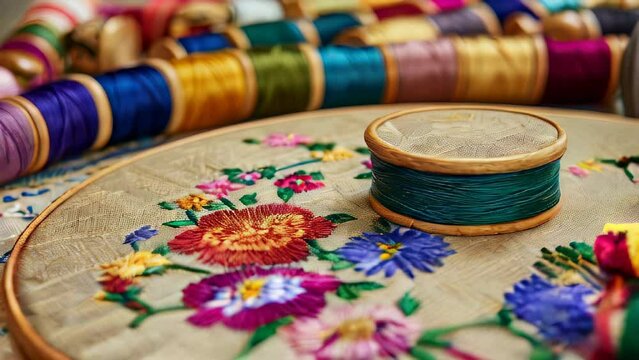 Close-up of colorful embroidery on fabric with thread spools