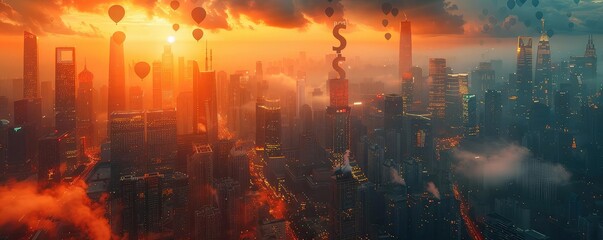 Business district with ascending balloons shaped like currency symbols, dawn light, aerial view