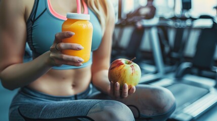 Woman exercise workout in gym fitness breaking relax holding juice fruit