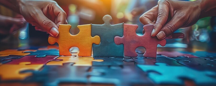 Business team fitting together large puzzle pieces, teamwork metaphor, office background, midshot
