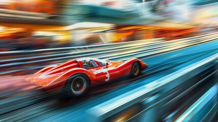 race car speeding by with blur in background, motion