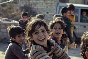 Group of children playing outdoors in the spring. Smiling and having fun.