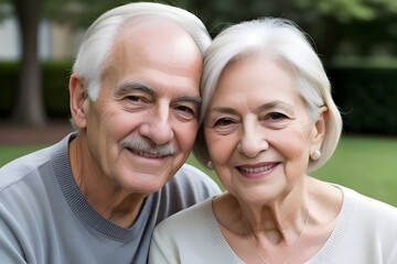 a portrait of a happy white, caucasian, senior, elderly, married couple, in love