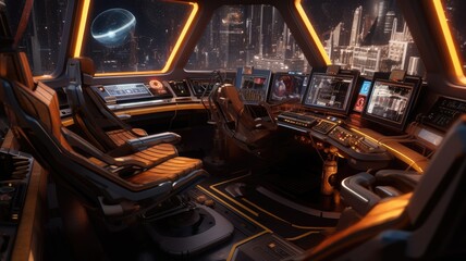 Futuristic spaceship cockpit interior with a view of space station and stars. A large spaceship window show view of space and modern cockpit with control panel with glowing light. Technology. AIG35.