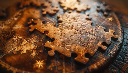 Closeup of intricate wooden puzzle pieces on an antique table, warm indoor lighting, macro shot