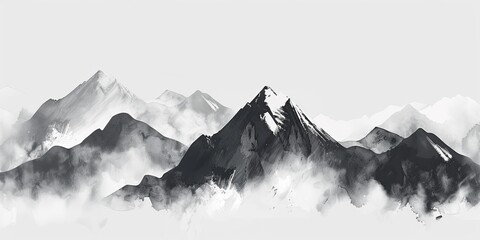 Black and white mountain landscape. Peaks covered with snow. Traditional oriental ink painting sumi-e, u-sin.