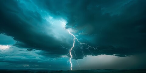 Blue lightning bolt strikes the ground during a thunderstorm.
