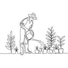 Gardener, watering flowers in continuous one line art style. Simple vector illustration