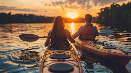couple kayaking on the lake together at sunset. Have fun in your free time