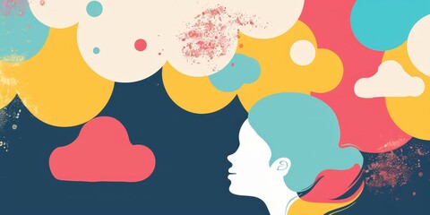 Fototapeta premium Colorful abstract painting of a woman's head in profile with clouds of various colors and shapes around her head.