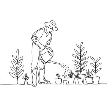 gardener watering plants continuous line art clip art preview