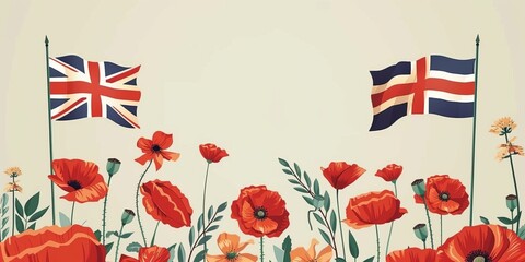 Red poppies flowers with British flag. Symbol of Remembrance Day.