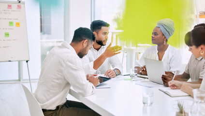 Startup, business and man in meeting, talking and training for project, design and boardroom with notebook. Creative, company and laptop for designer, employee and excited with applause and workshop