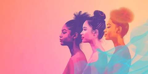 Three young women of different ethnicities stand together against a pink background