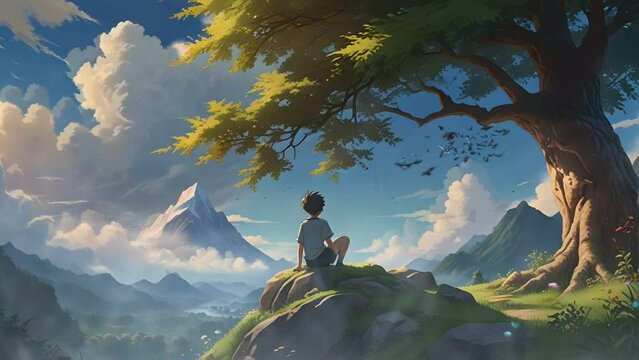 A person is sitting on a large rock near the foreground, seemingly lost in the beauty of the landscape. Their identity or emotions are not discernible.