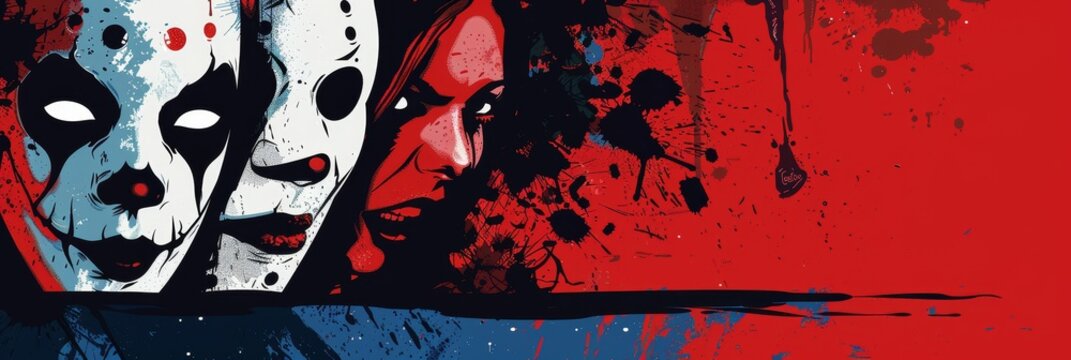 Three hockey masks with blood on a red background