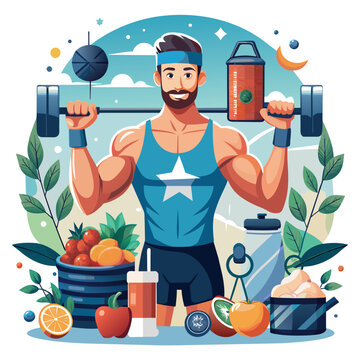 muscular man lifting weights, blue background clip art preview