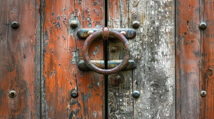 Rustic wooden door with metal knocker.