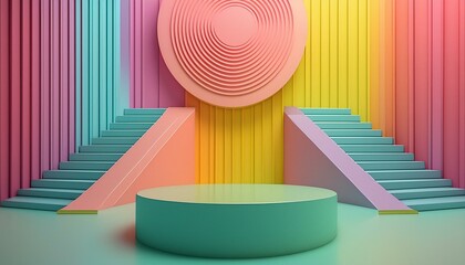 Fototapeta premium 3D rendering of colorful walls with steps and geometric shapes
