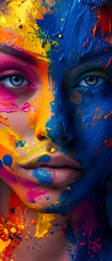Banner with a woman's face covered in colorful paint explosion on the right corner on solid