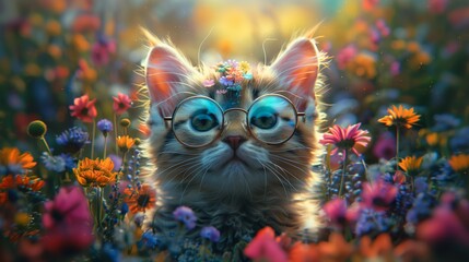 Fluffy cat with glasses in a colorful flower field