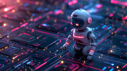 A small, futuristic robot standing on a glowing, intricate circuit board, illustrating advanced technology.