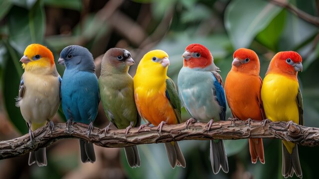 Colorful birds perched on a branch