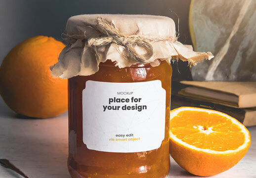 Home made Orange Jam Jelly Jar Label Mockup 01 Gerenative Ai