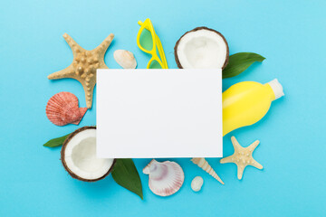 Summer banner with coconut and sea shells on color background. Vacation concept