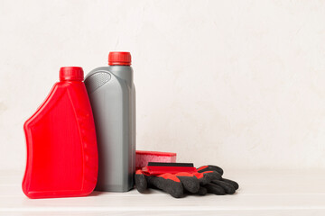 Automobile products and tools on wooden table