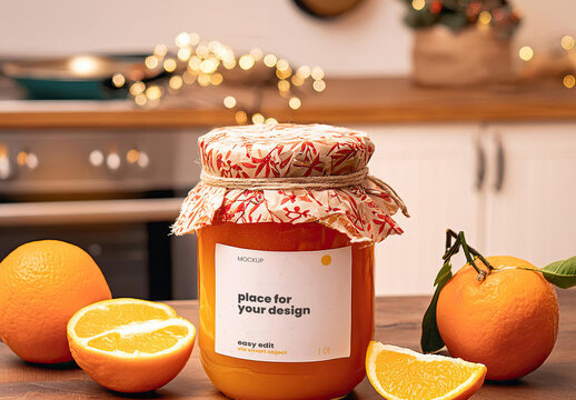 Home made Orange Jam Jelly Jar Label Mockup 04 Gerenative Ai
